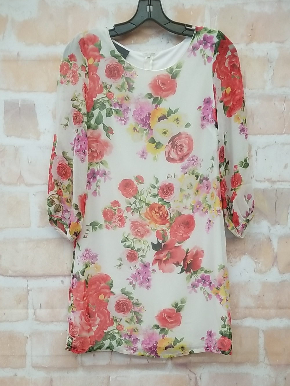 Artee Couture Floral Sheer White Shift Dress with Pink & Red Roses Size S